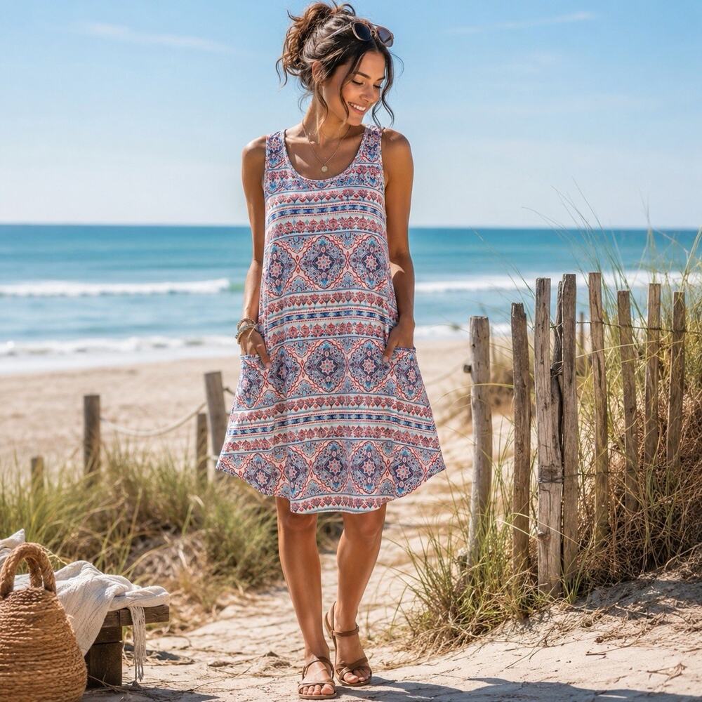 Camisa Sz S Boho Medallion Pocket Swing Dress Sleeveless Coastal Festival Beach
